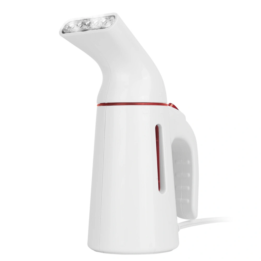 Portable white garment steamer with a ergonomic handle and steam nozzle, designed for quick wrinkle removal and equipped with LED lights for visibility.