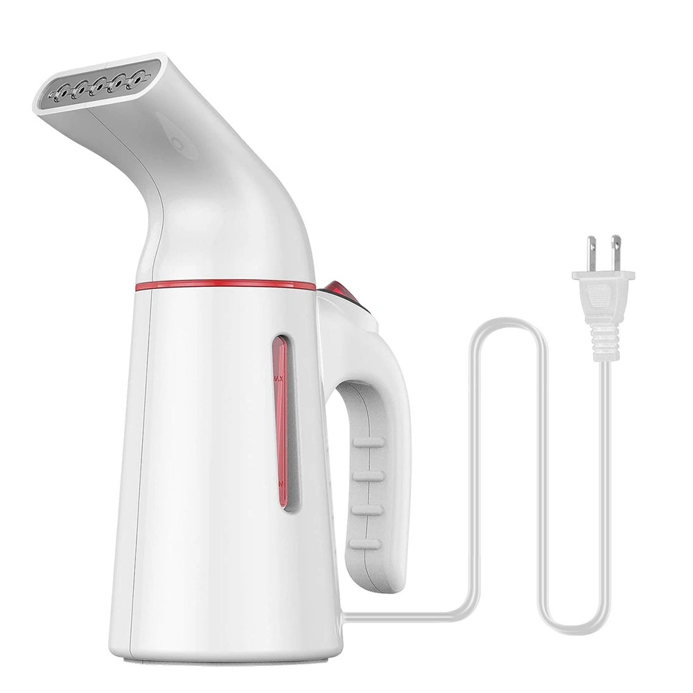 Portable handheld clothing steamer in white with red accents and a power cord, designed for quick and efficient wrinkle removal.