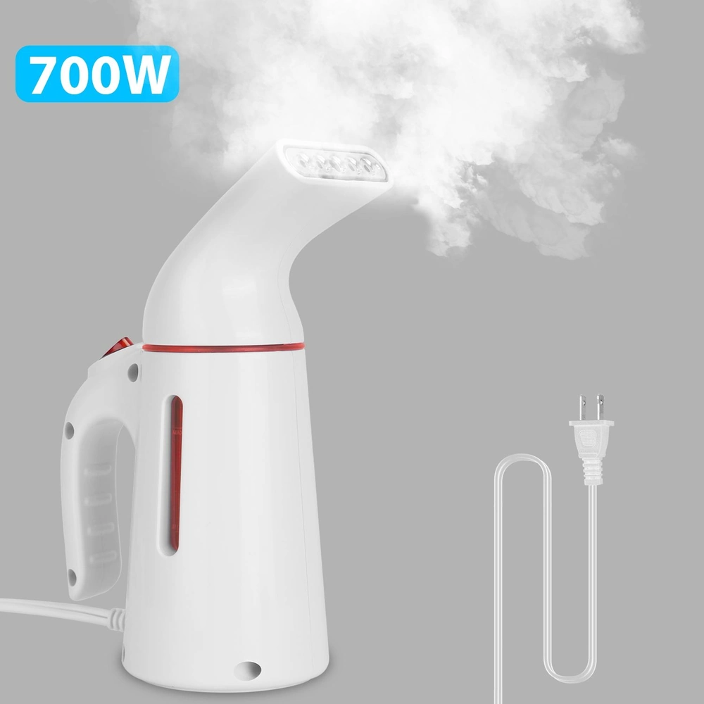 Handheld garment steamer with steam output, 700W power, and electric cord, designed for wrinkle removal and fabric care.