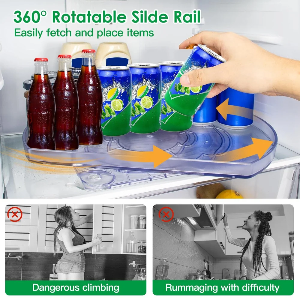 360° rotatable slide rail fridge organizer with drinks, showcasing easy access and storage solution for cans and bottles.
