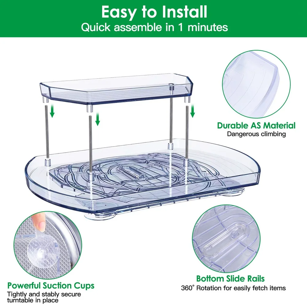 Clear two-tier storage organizer with stainless steel poles, powerful suction cups, and bottom slide rails for easy access, ideal for maximizing space.