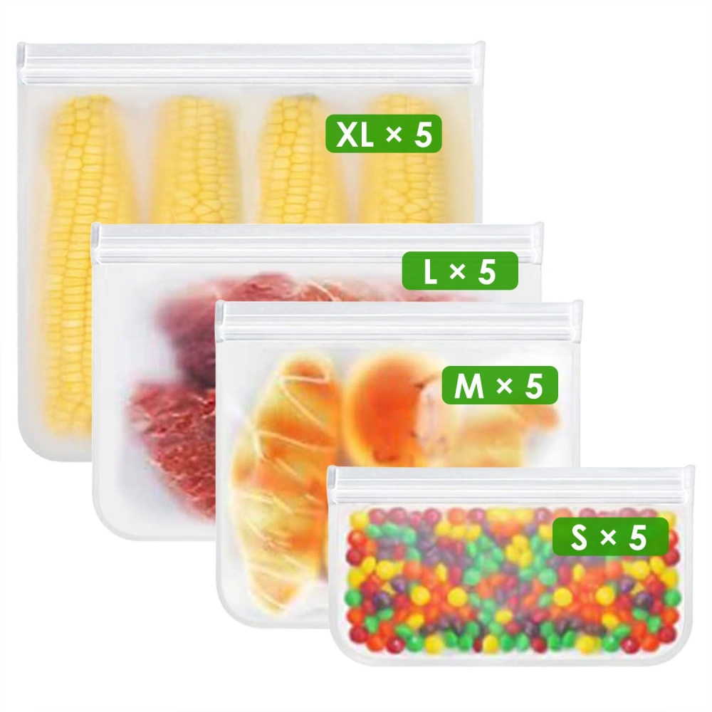 Set of reusable food storage bags in four sizes (S, M, L, XL) containing corn, meat, fruit, and candy for eco-friendly meal prep and organization.