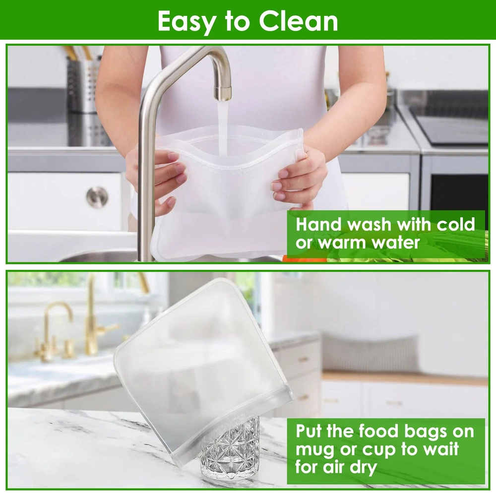 Image showing two steps for cleaning reusable silicone food storage bags: rinsing under a faucet and air drying on a mug, demonstrating easy maintenance and usability.