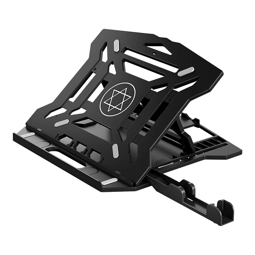 Durable black adjustable laptop stand with a hexagonal design and ventilation holes for improved airflow, ideal for ergonomic setup and minimizing strain during use.