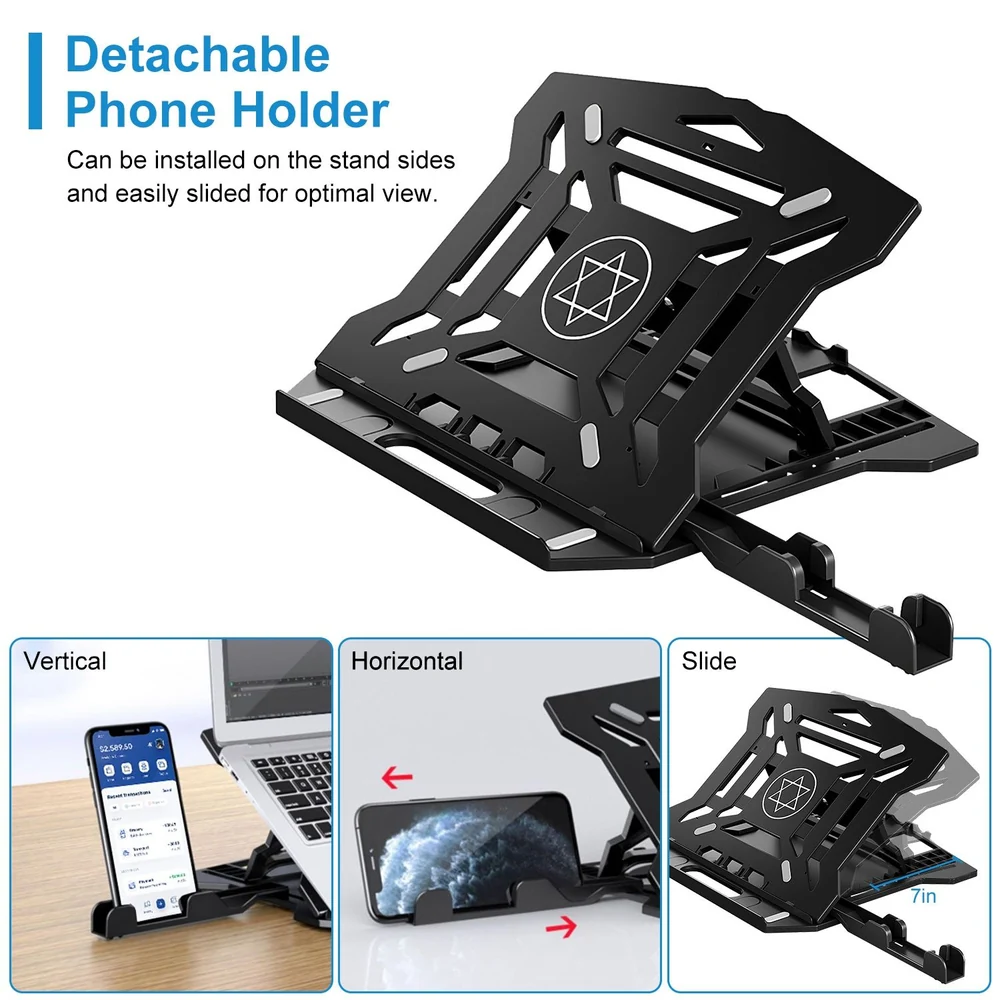 Detachable black phone holder with adjustable viewing angles shown in vertical, horizontal, and sliding positions for optimal device support.