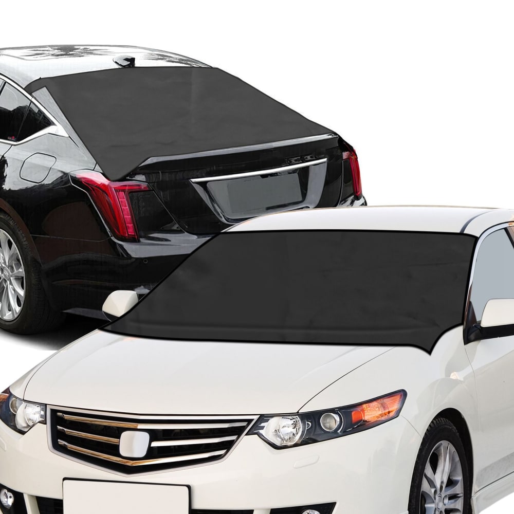 Black car window sunshade covers installed on a white sedan and a black hatchback, designed to protect interiors from UV rays and heat.