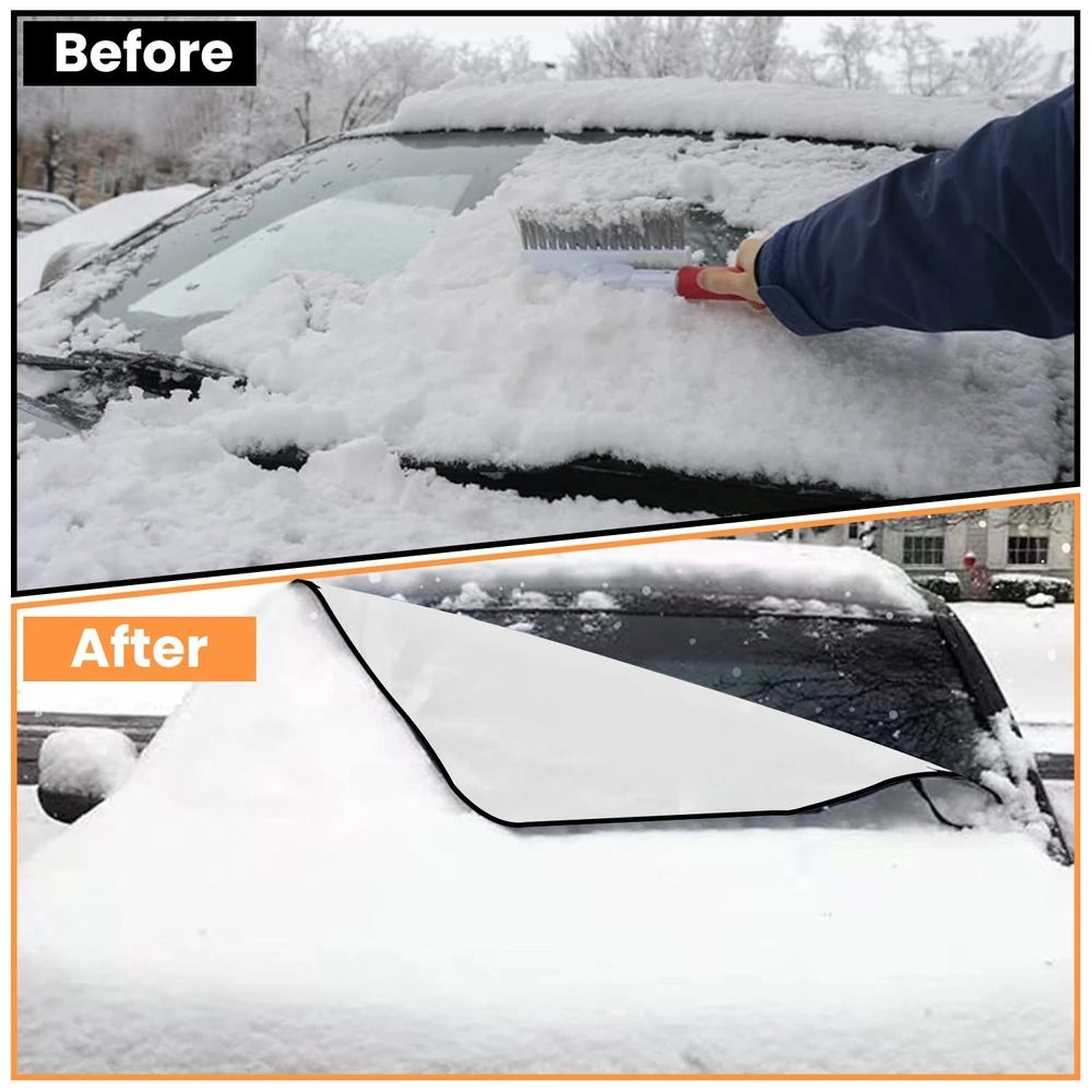 Image comparison showing the effectiveness of a car windshield snow cover: the top half features a snow-covered windshield being scraped clean, while the bottom half displays the same windshield with the snow cover partially removed, highlighting the ease of snow removal.