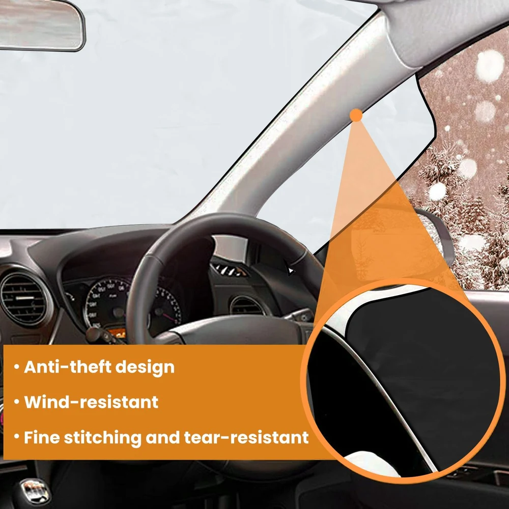 Car windshield cover with anti-theft design, featuring wind-resistant properties and fine stitching for tear-resistance, displayed inside a vehicle with a snowy background.