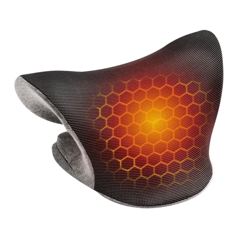 Ergonomic heating pad with honeycomb design for neck and shoulder relief, featuring a soft grey fabric and adjustable heat settings.
