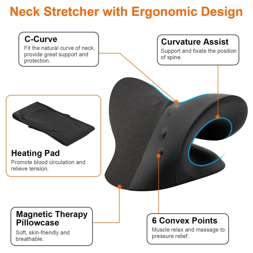 Neck stretcher with ergonomic design featuring C-curve shape, heating pad for tension relief, magnetic therapy pillowcase, and six convex points for muscle relaxation and support.