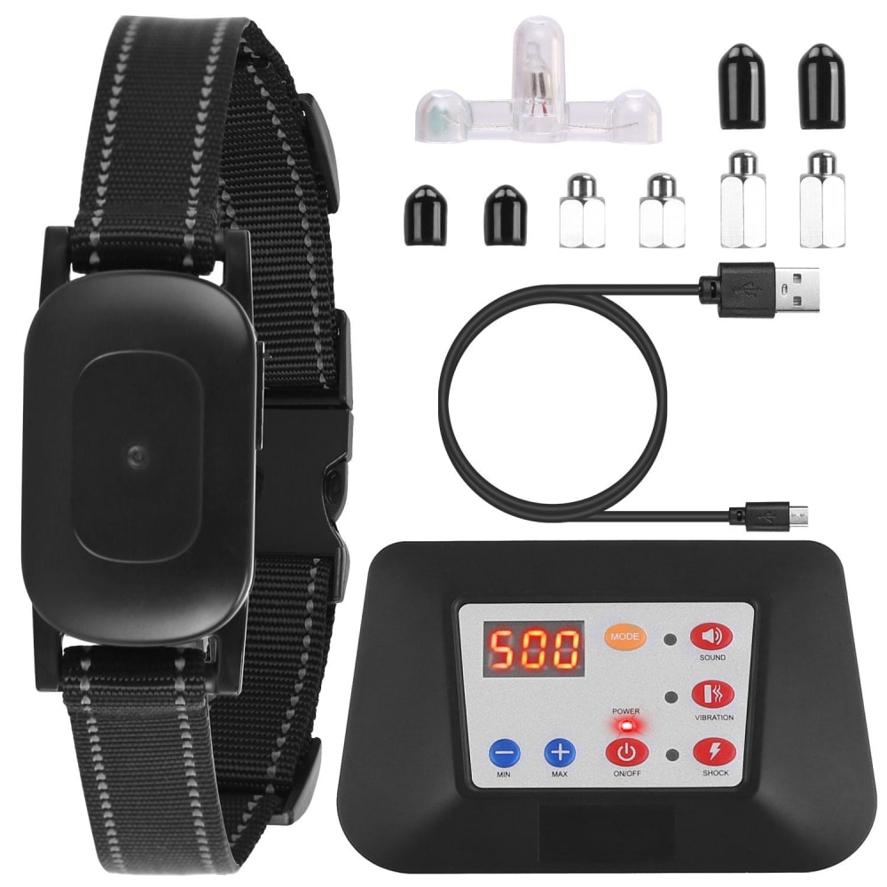 Black adjustable pet training collar with remote control, USB charging cable, and multiple detachable prong attachments for customized training, displayed against a white background.