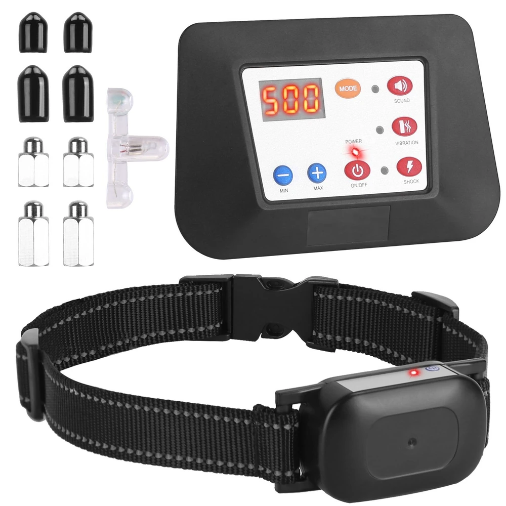 Dog training collar with remote control and adjustable settings, featuring a digital display, vibration, sound, and shock modes, accompanied by various attachment options.