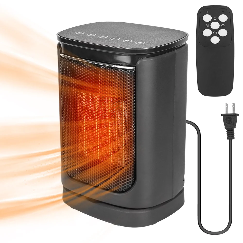 Compact black portable infrared space heater with remote control, featuring a glowing heating element and a sleek design, ideal for quick warmth in any room.