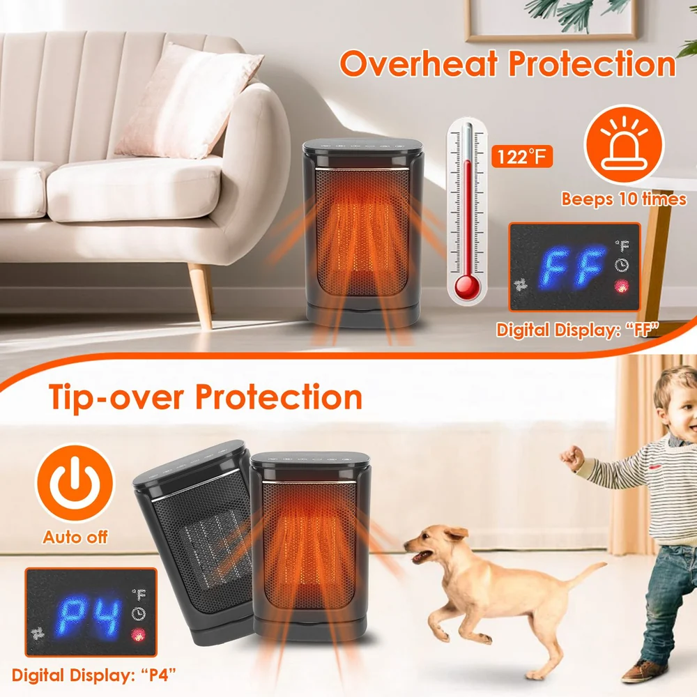 Portable electric space heater with overheat and tip-over protection features, digital display showing temperature settings, designed for safety with a modern black finish, ideal for home use.