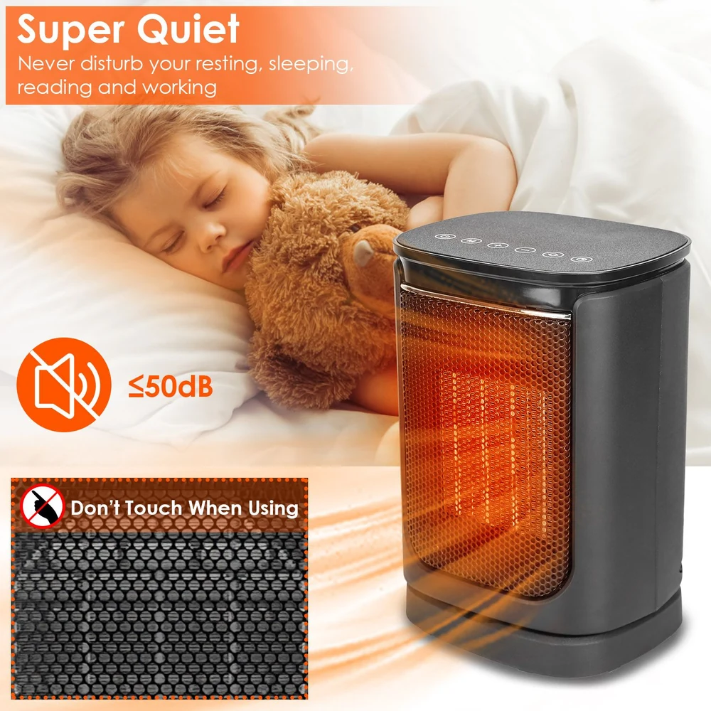 Compact and quiet electric heater with a modern design, emitting warm air and featuring user-friendly controls, ideal for cozy indoor spaces and restful environments.