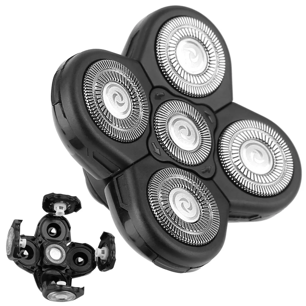 Black electric shaver with four round rotary blades, showcasing its ergonomic design and detachable head for easy cleaning.