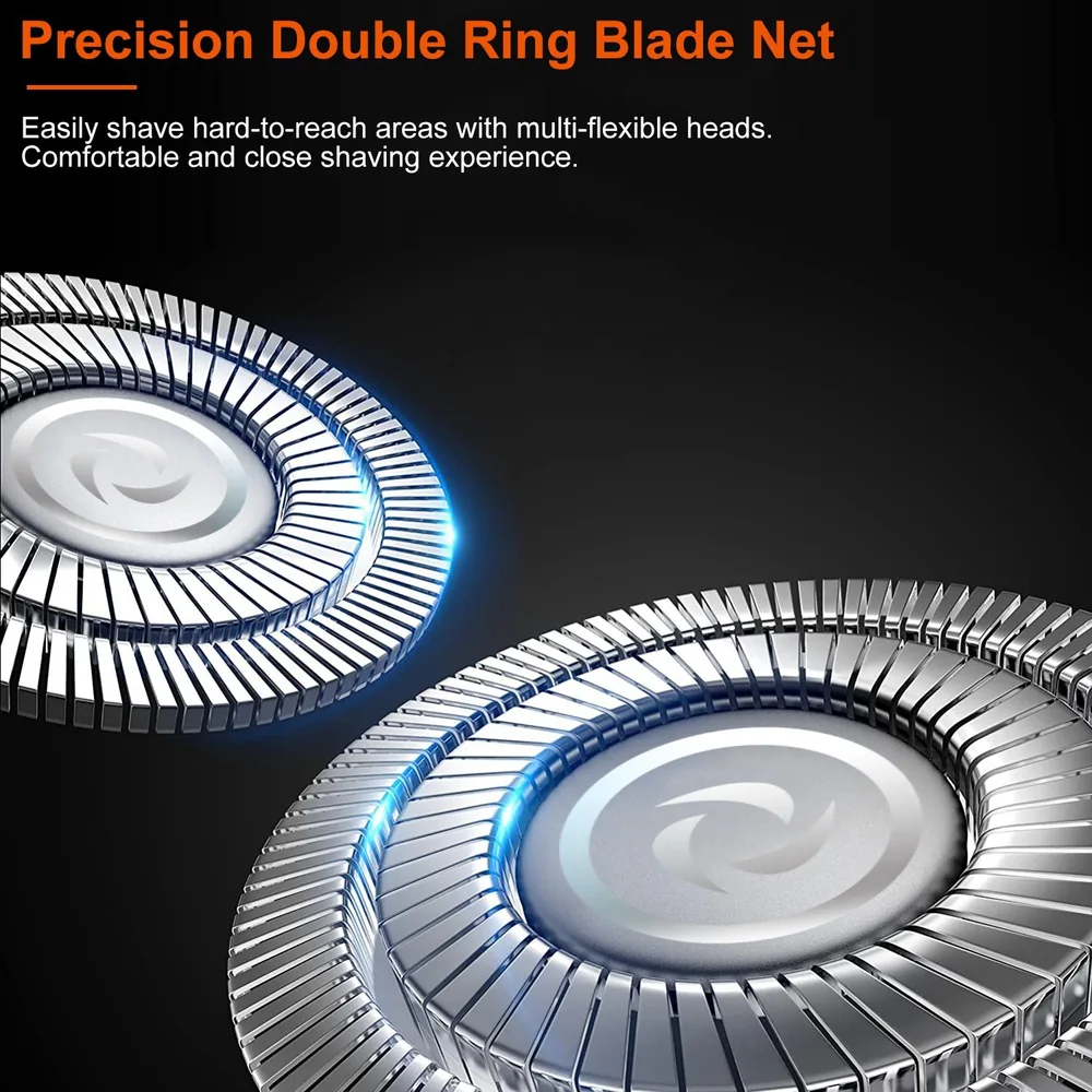 Precision double ring blade net designed for a close and comfortable shave, featuring multi-flexible heads to easily reach hard-to-shave areas.