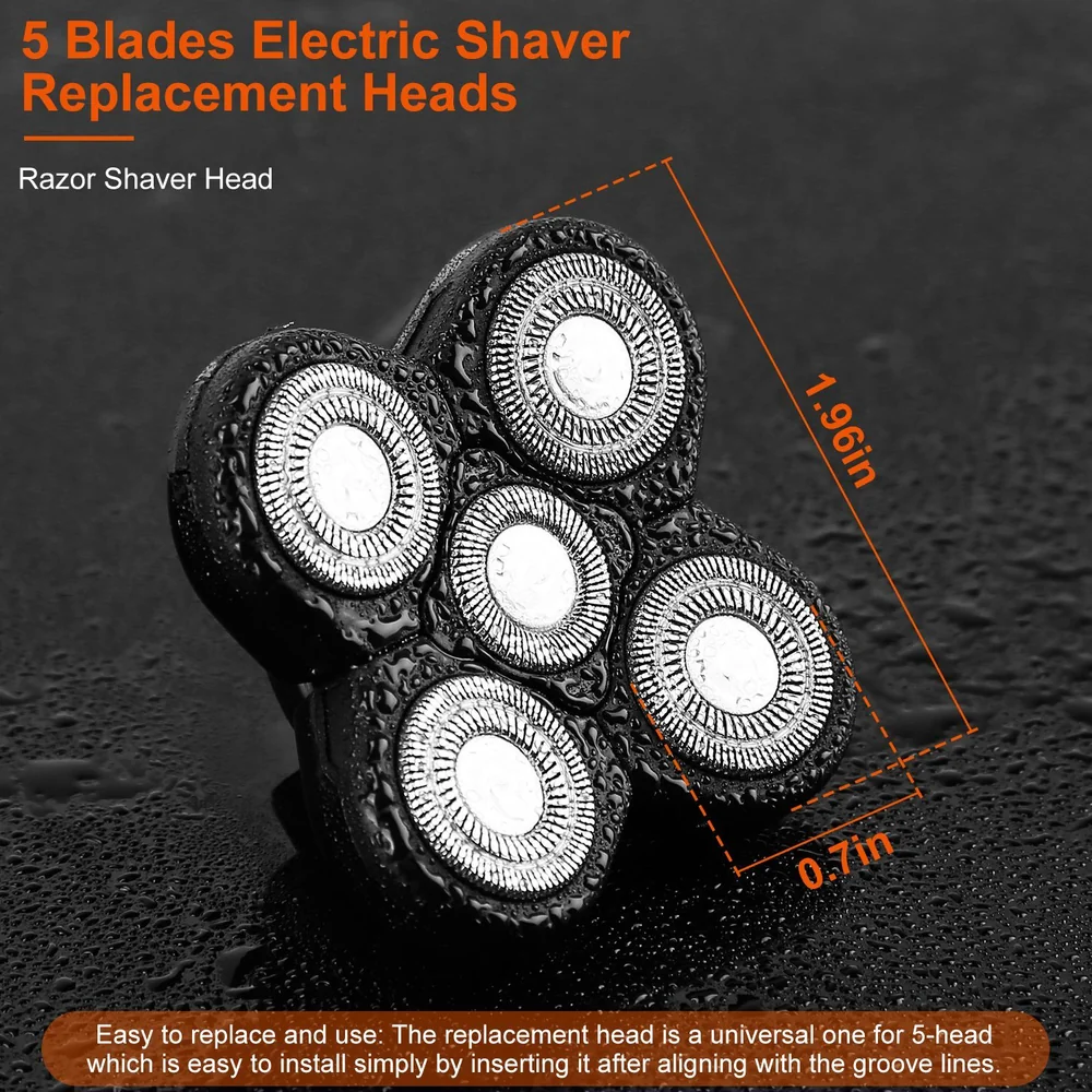 5 Blades Electric Shaver Replacement Head on a dark background, showcasing its unique design and dimensions of 1.96 inches by 0.7 inches, ideal for easy installation and effective shaving.