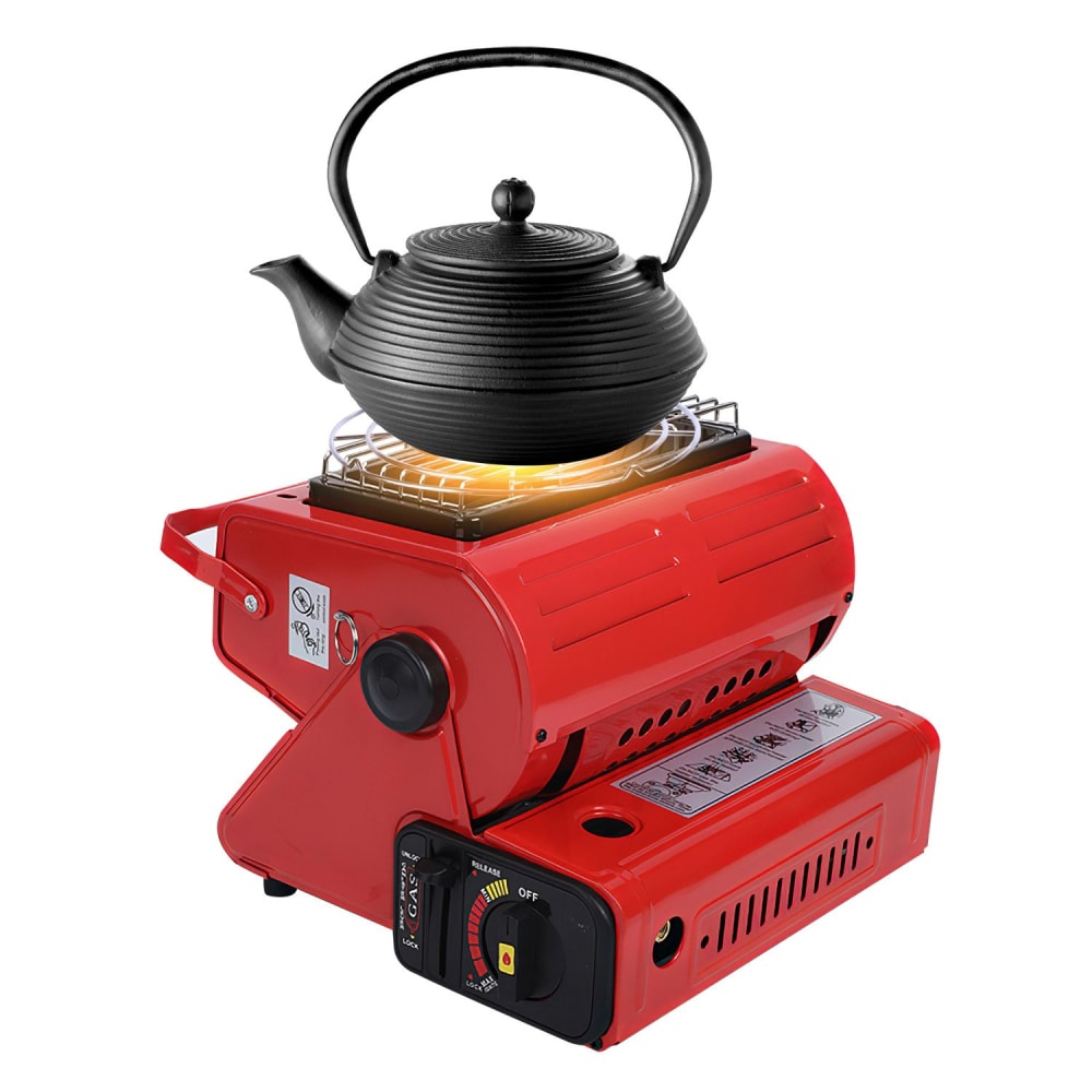 Portable red gas stove with a black cast iron kettle on top, designed for outdoor cooking and camping.