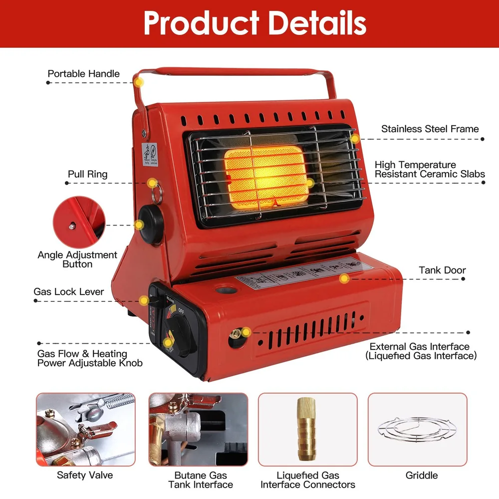 Portable red gas heater with stainless steel frame, high-temperature resistant ceramic slabs, adjustable angle, and features like a gas lock lever and flow control knob for efficient heating.