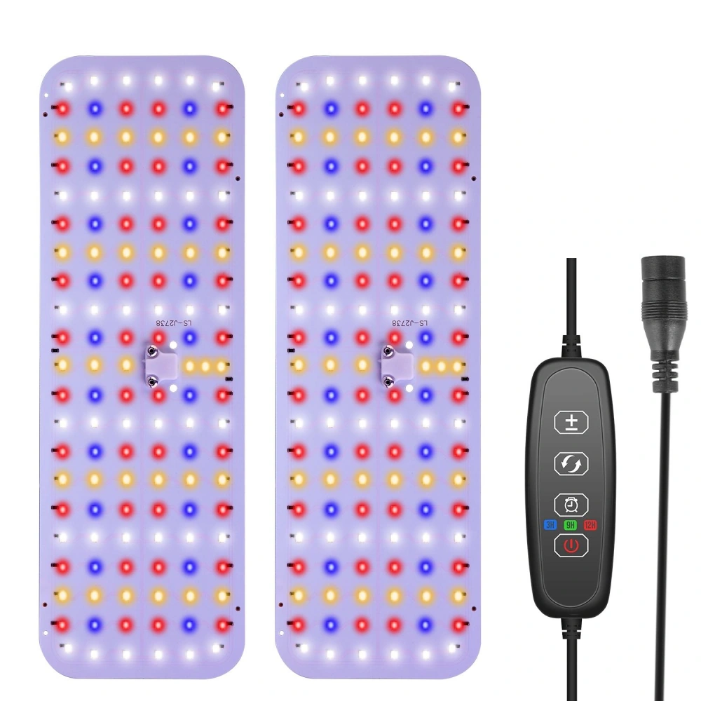 LED grow light with red, blue, yellow, and white lights, featuring a control panel for adjusting settings, designed for indoor plant cultivation.