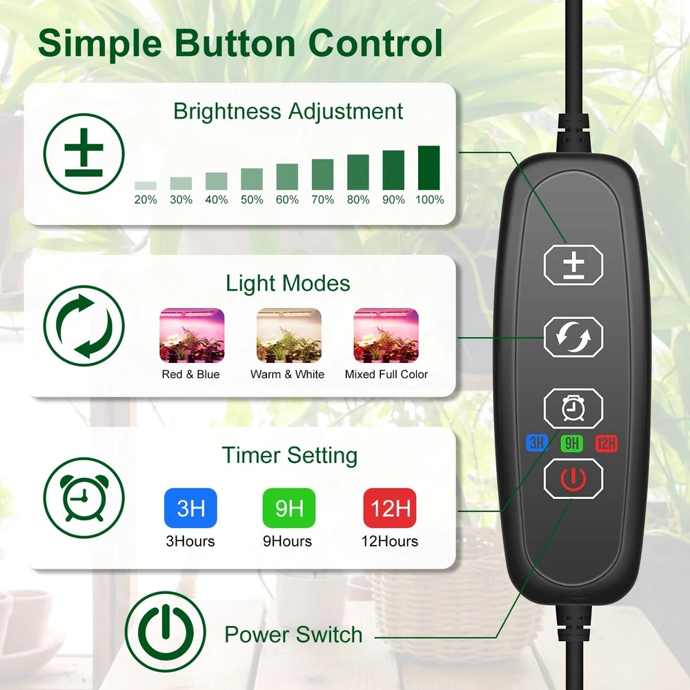 User-friendly control panel for plant growth light, featuring brightness adjustment, 3 light modes (Red & Blue, Warm & White, Mixed Full Color), timer settings (3H, 9H, 12H), and a power switch, designed for optimal plant care.