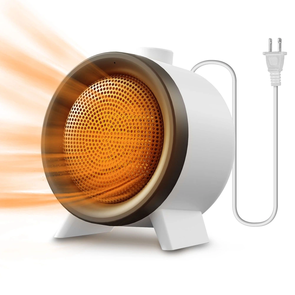 Compact electric space heater with a circular design, emitting warm orange heat waves, featuring a white body and power cord for home heating.