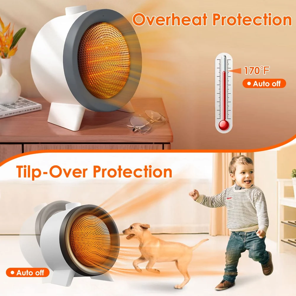 Compact space heater with overheat protection and tip-over safety features, suitable for homes with children and pets.