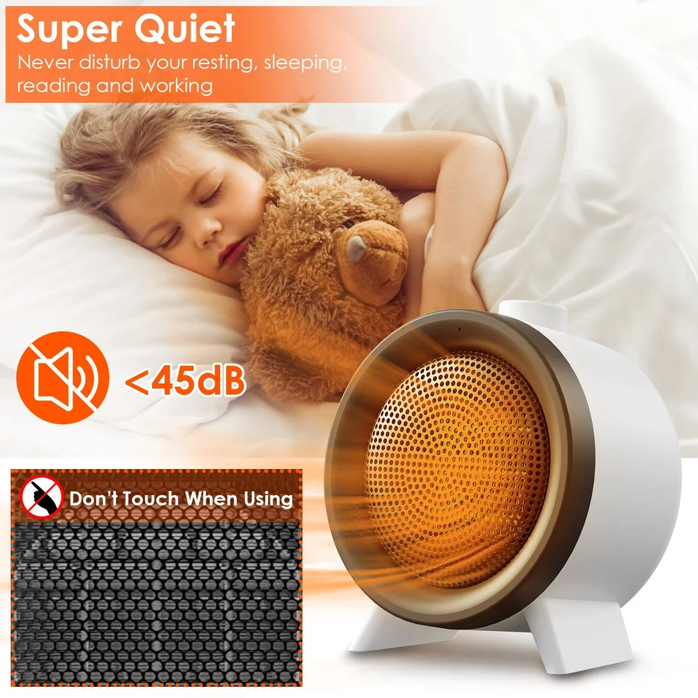 Super quiet portable heater ideal for resting, sleeping, reading, or working, featuring a sleek design and safety notice about hot surface, with sound level below 45 dB.