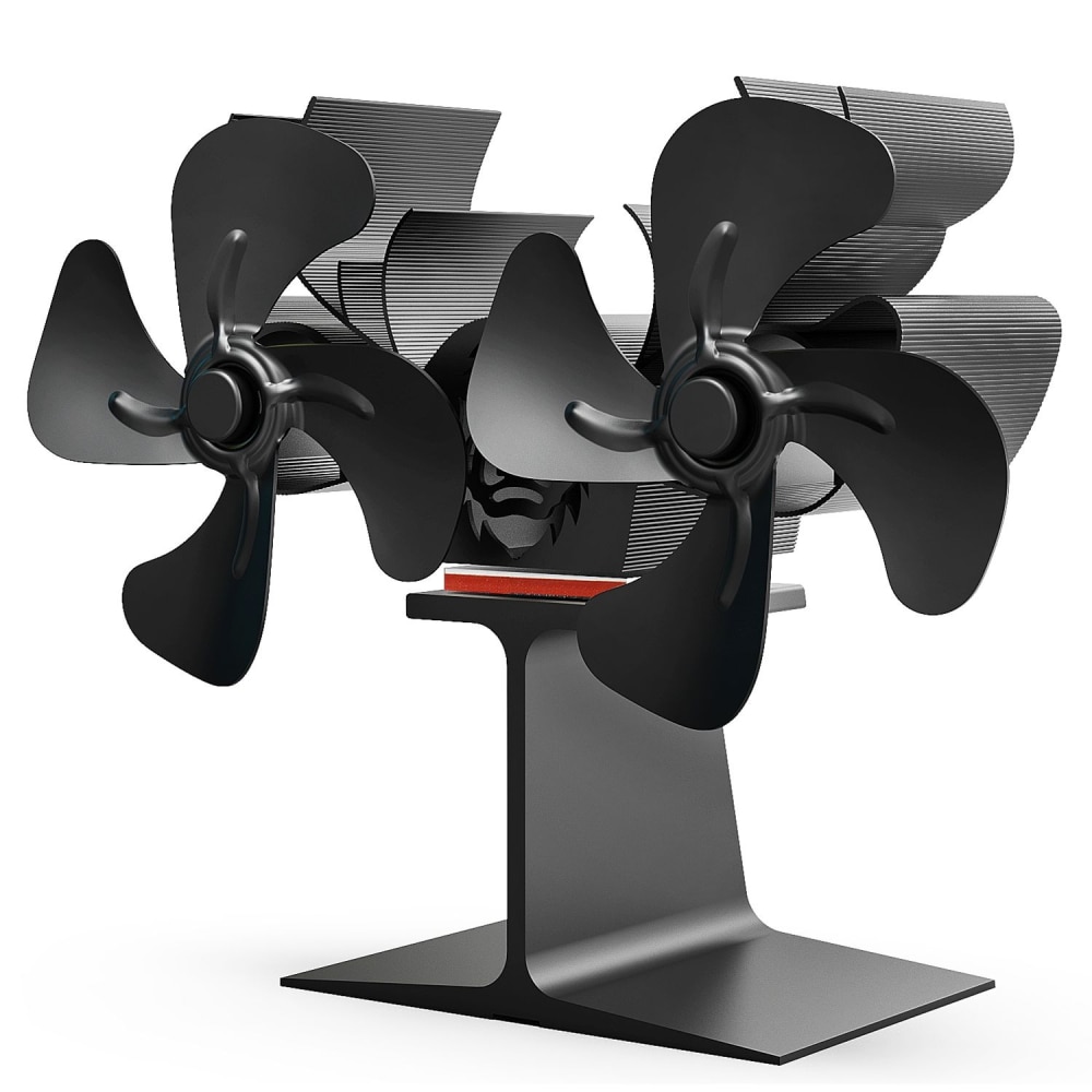 Black stovetop fan with four blades, designed to enhance heat circulation and energy efficiency, positioned on a sleek metal base.