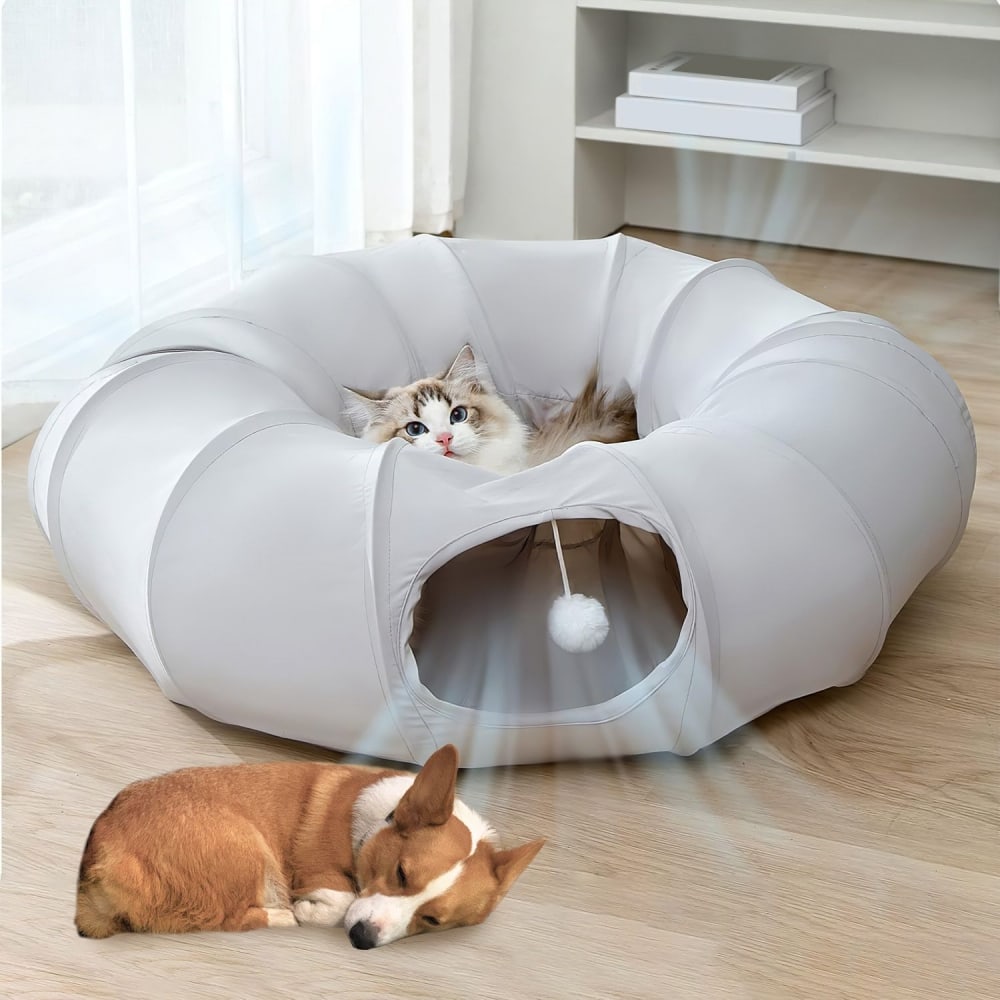 Cozy pet bed featuring a playful cat peeking out and a sleeping corgi, designed for comfort and relaxation, suitable for cats and small dogs.