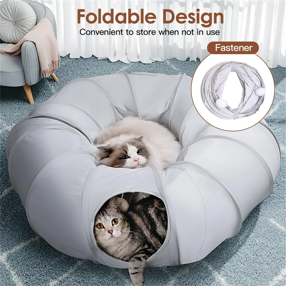 Two cats relaxing inside a cozy, foldable pet bed featuring a soft gray design and spacious openings, showcasing its comfort and convenient storage option.