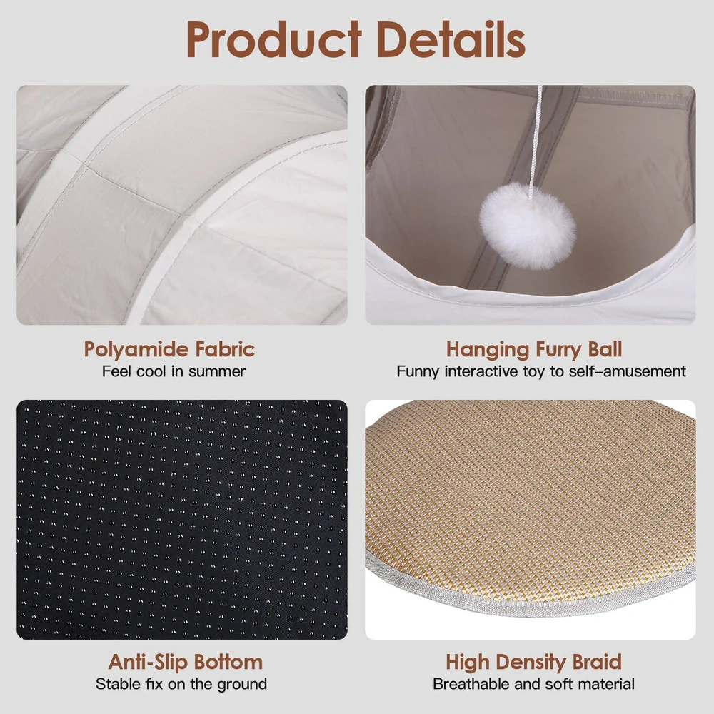 Detailed product features of a cat play tent showcasing polyamide fabric for summer comfort, a hanging fluffy ball for interactive play, an anti-slip bottom for stability, and high-density braid for breathability and softness.