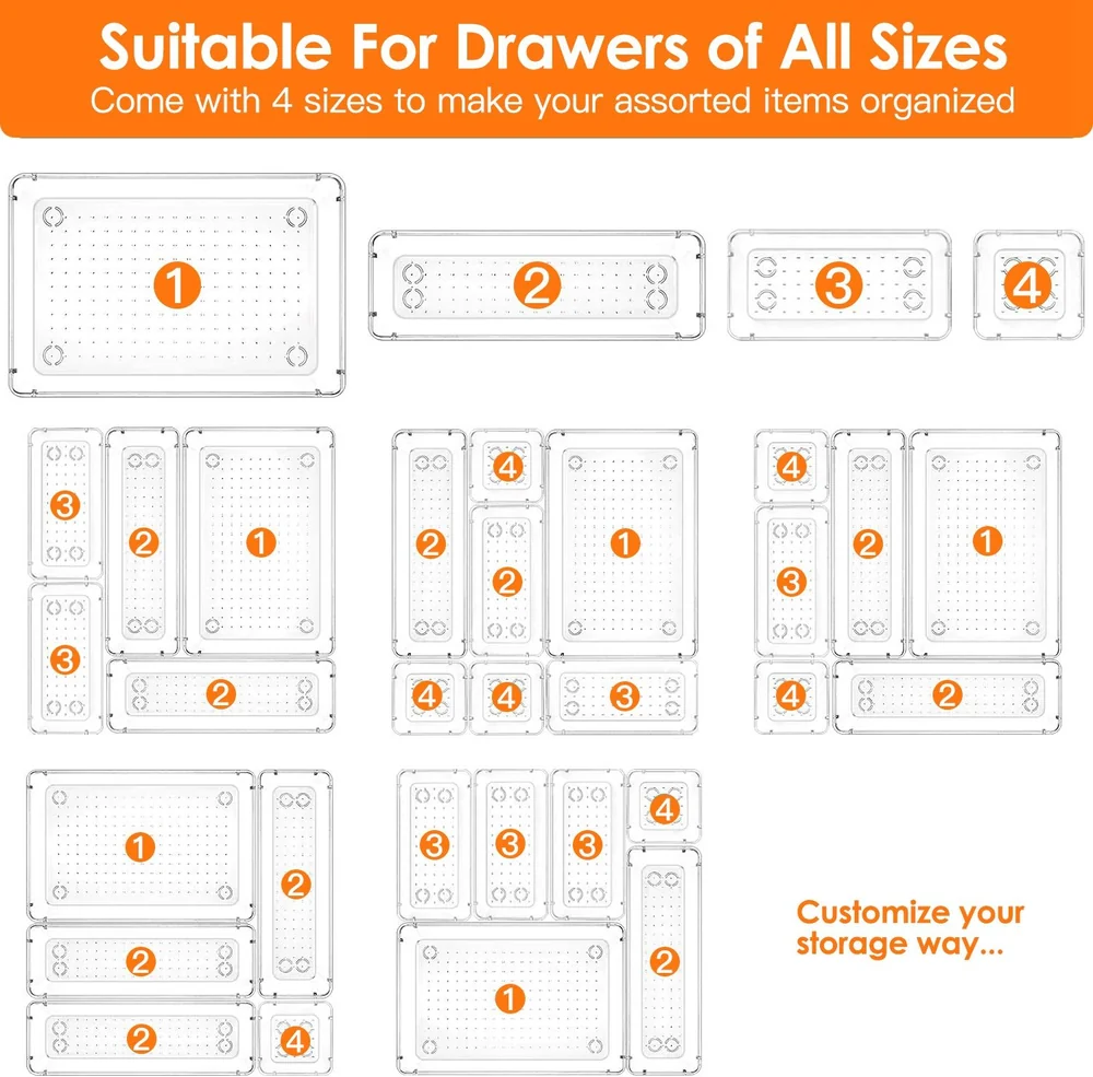 Clear drawer organizer set featuring four different sizes for versatile storage and organization, ideal for keeping assorted items neatly arranged.