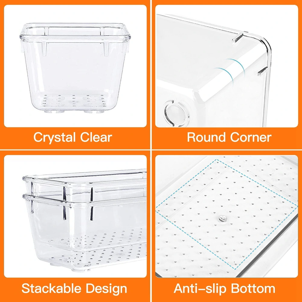 Transparent stackable storage container with round corners, anti-slip bottom, and drainage holes for ventilation. Ideal for organizing household items and maximizing space.