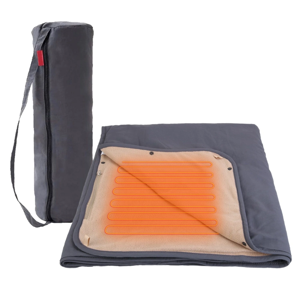 Electric heated blanket with a gray exterior and soft beige lining, featuring an orange heating element, displayed folded next to its carrying case.