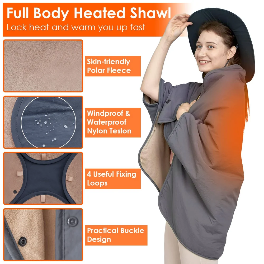 Full Body Heated Shawl made of skin-friendly polar fleece, featuring windproof and waterproof nylon, equipped with four useful fixing loops and a practical buckle design for added comfort and warmth.