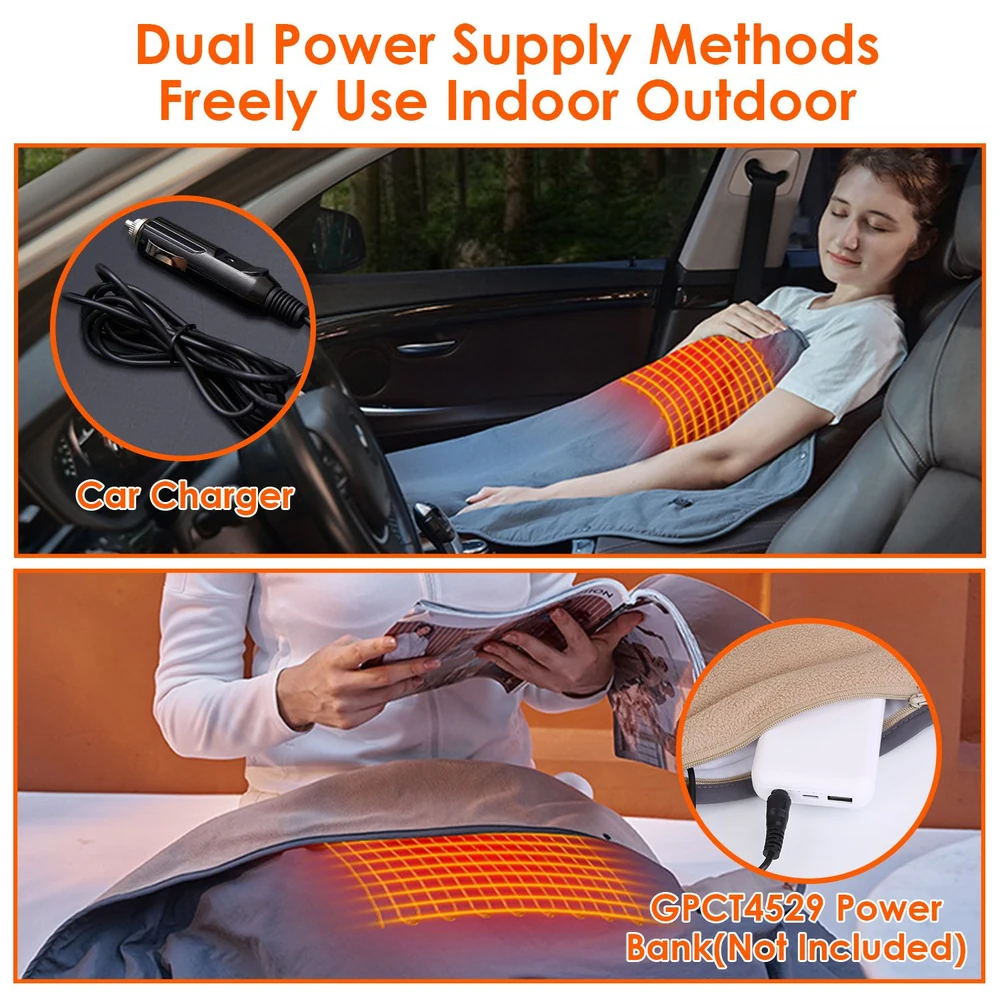 Heated blanket with dual power supply options displayed in a car and indoors, showing car charger and power bank connection.