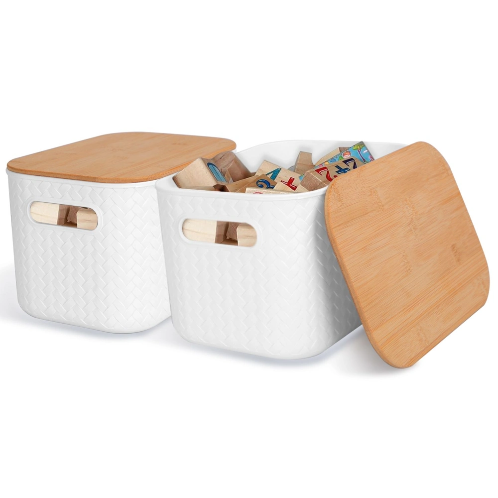 Set of two stylish storage bins with bamboo lids, featuring a textured white design and filled with colorful wooden blocks.