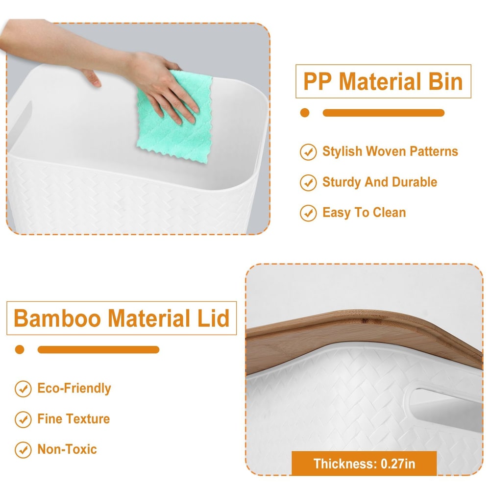 Eco-friendly white storage bin with a bamboo lid, showcasing stylish woven patterns and easy cleaning with a hand wiping feature.