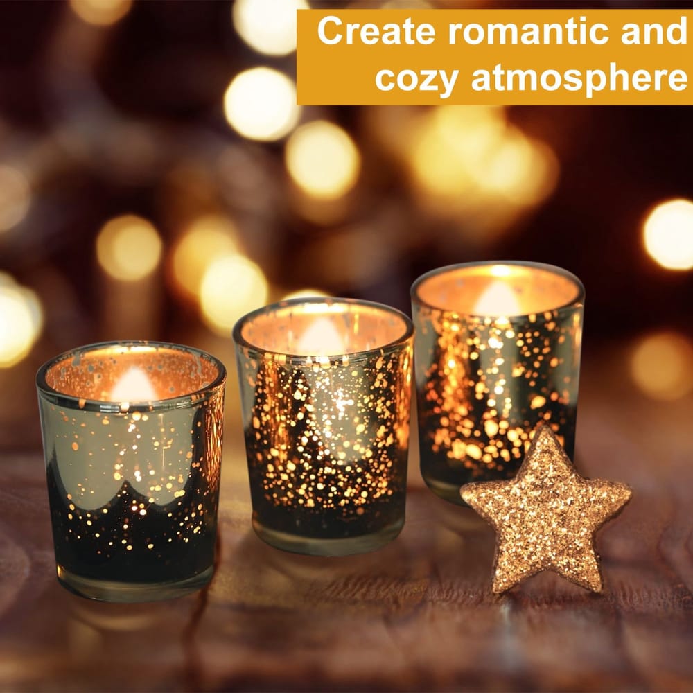 Three decorative candle holders glowing warmly with a flickering candlelight, surrounded by a soft bokeh background, alongside a sparkling gold star decoration for a romantic and cozy ambiance.