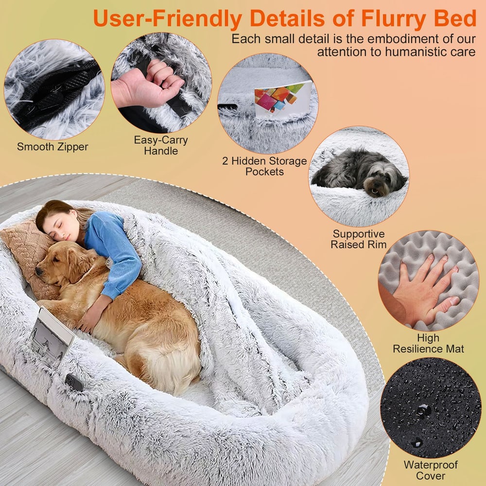 Fluffy pet bed designed for comfort, featuring smooth zipper, easy-carry handle, hidden storage pockets, supportive raised rim, high resilience mat, and waterproof cover, with a person and dog snuggled inside.
