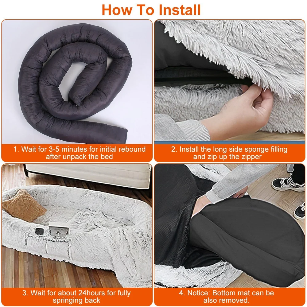Installation guide for a pet bed featuring a coil of filler material, a close-up of a hand zipping the bed cover, and instructions for achieving optimal shape and comfort.
