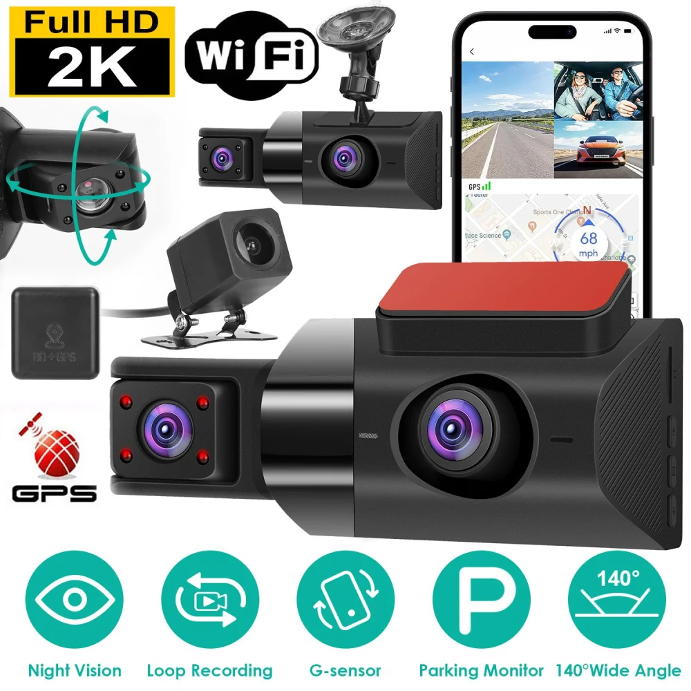 2K Full HD dash cam with Wi-Fi, GPS, night vision, and parking monitor, featuring multiple camera angles and advanced safety features.