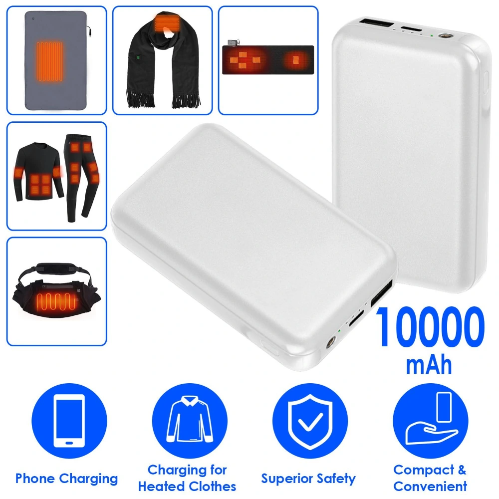 Portable 10000 mAh power bank for charging heated clothing and devices, featuring a sleek silver design and multiple output ports.