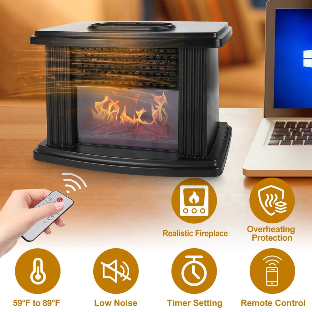 Compact electric fireplace heater with remote control, adjustable temperature settings, and realistic flame effect, offering safety features like overheating protection and low noise operation.