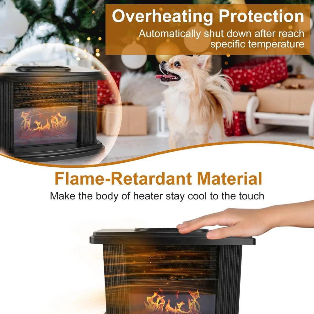 Compact electric heater featuring overheating protection and flame-retardant material, with a hand reaching out to touch the cool surface while a small dog sits nearby, in a cozy holiday setting.