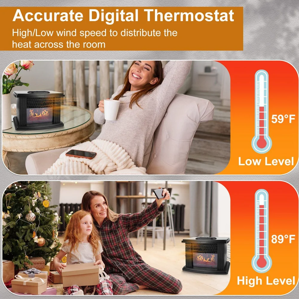 Electric fireplace with digital thermostat showcased in cozy living room; displays temperature settings of 59°F and 89°F while in use by a woman and a child.