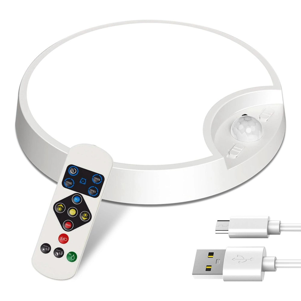 USB rechargeable LED ceiling light with remote control and motion sensor, featuring a sleek round design in white.