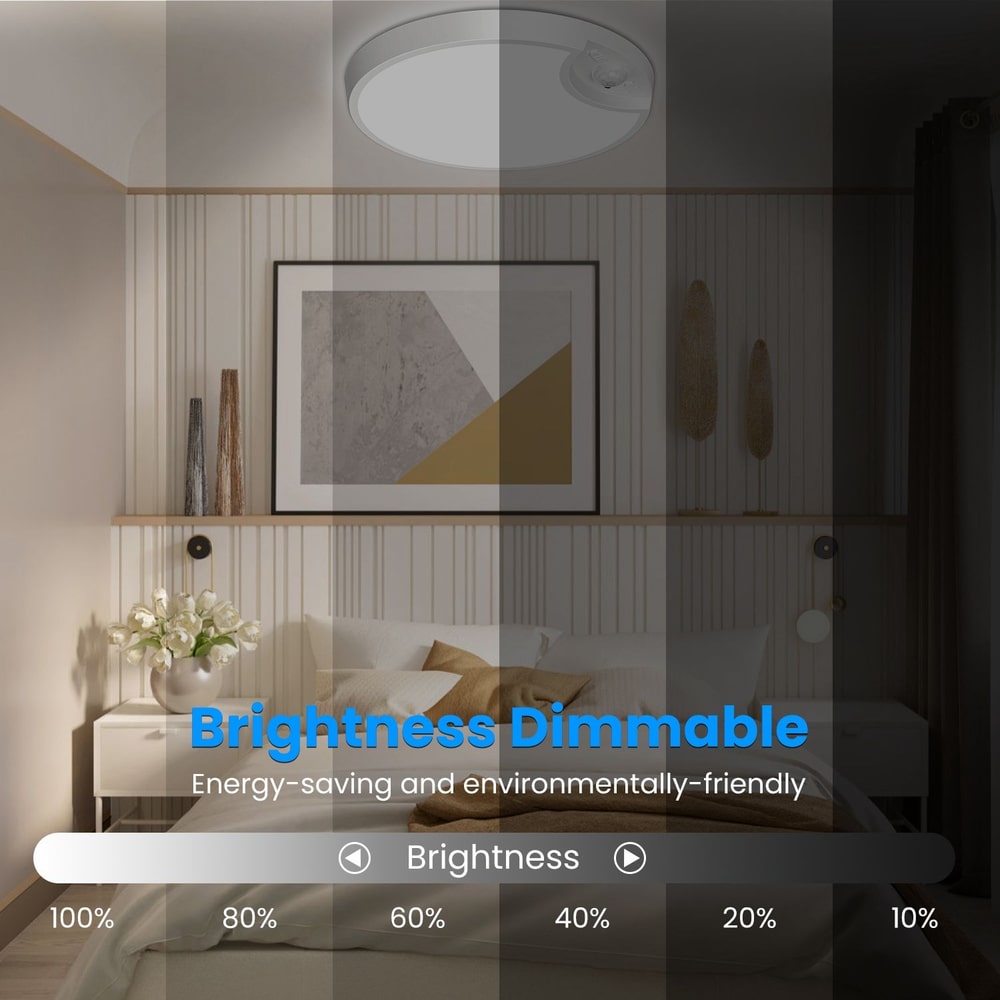 Brightly lit modern bedroom showcasing a dimmable ceiling light with adjustable brightness settings, emphasizing energy-saving and environmentally-friendly features.